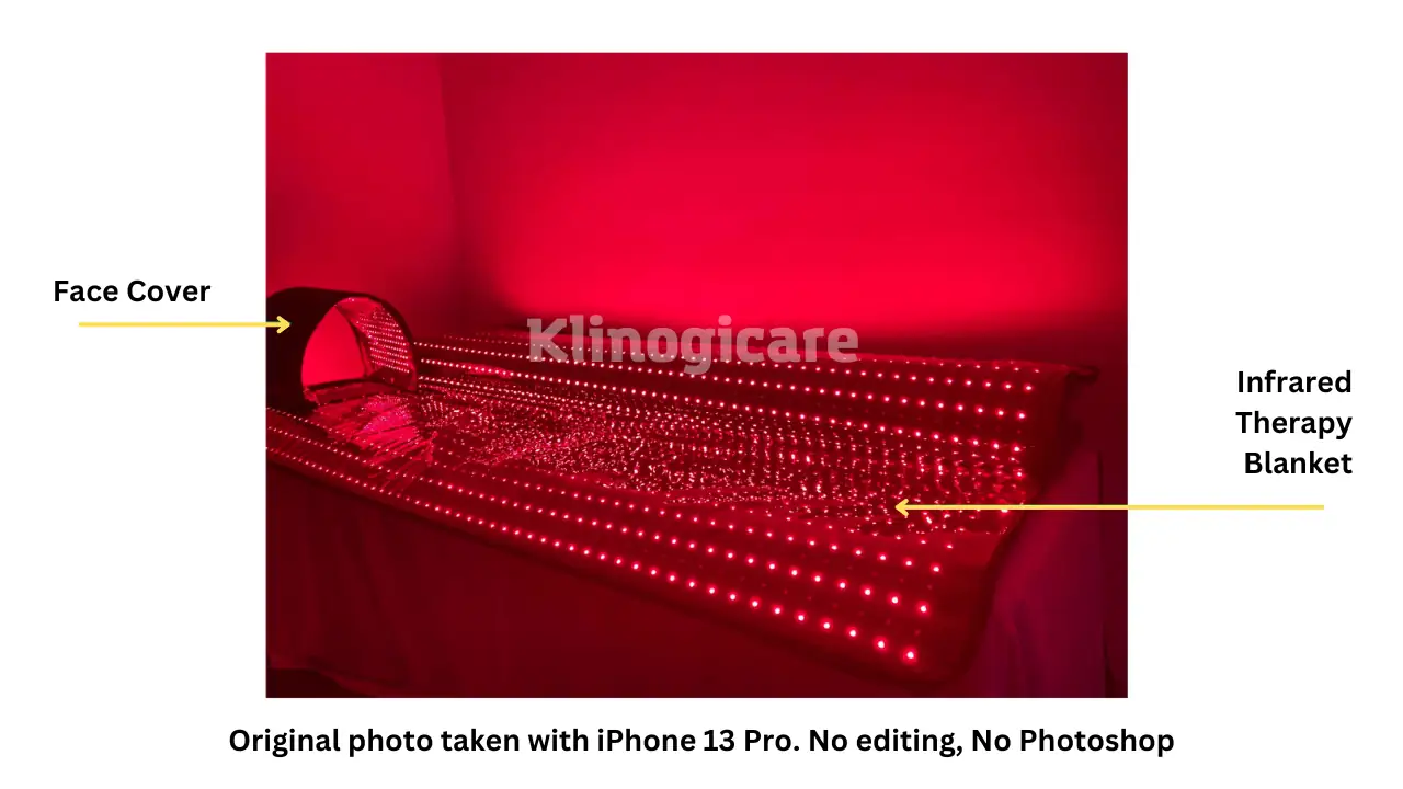 Kırmızı ışıklı LED panelli Klinogicare&reg; RedWave Cocoon kızılötesi battaniyenin gerçek fotoğrafı